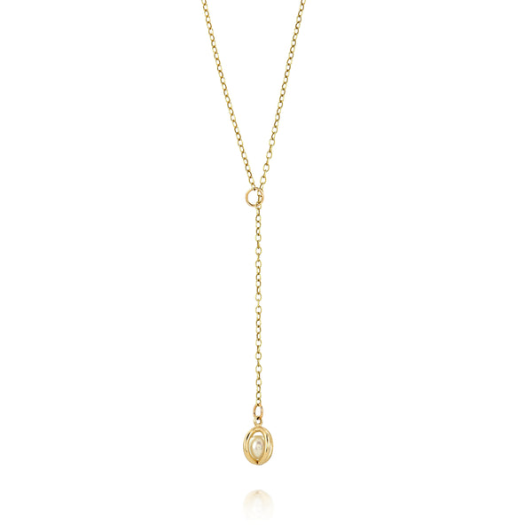 Gold pearl lariat necklace
